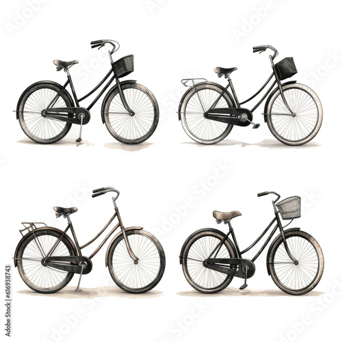Set of vintage bicycles on transparent background