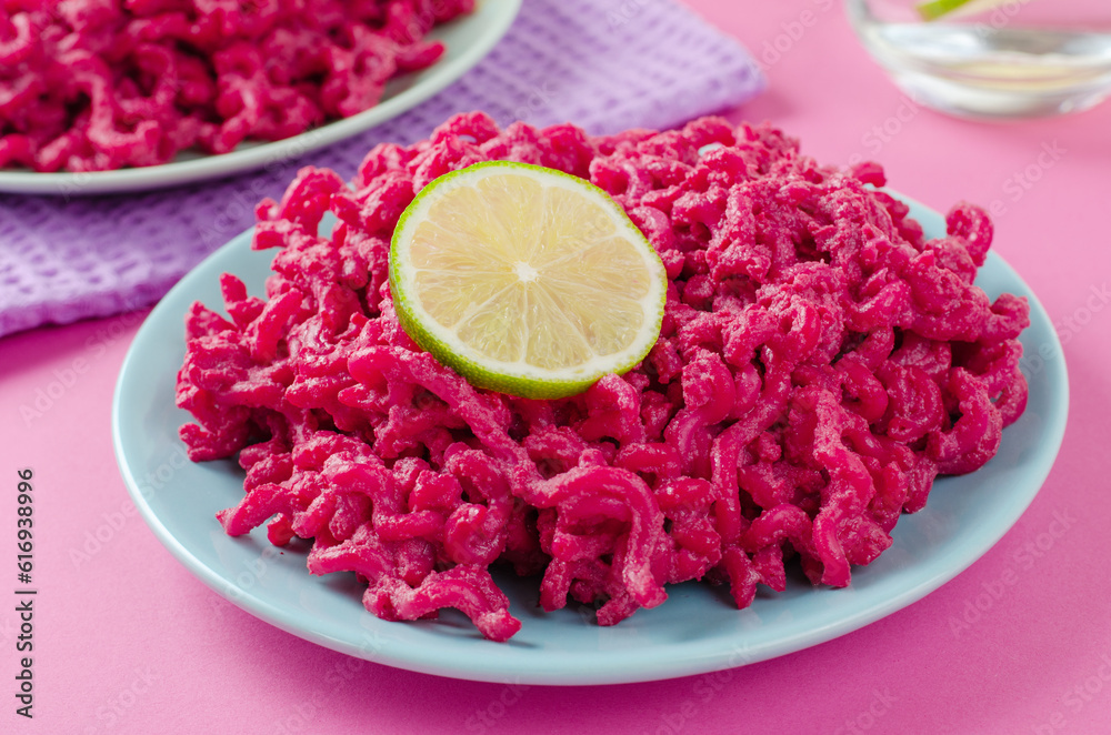 Obraz premium Beetroot Pasta, Barbie Themed Pasta, Trendy Recipe on Pink Background