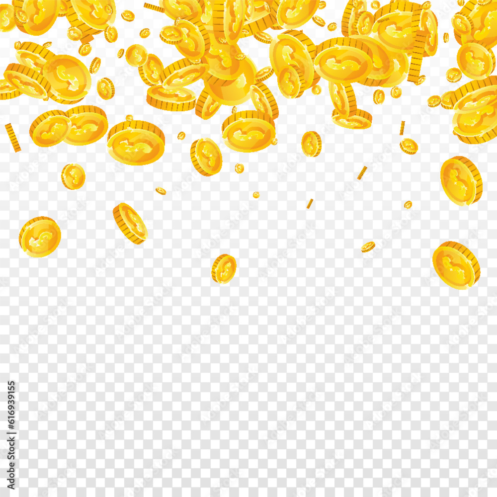 American dollar coins falling. Scattered gold USD American dollar coins falling. Scattered gold USD