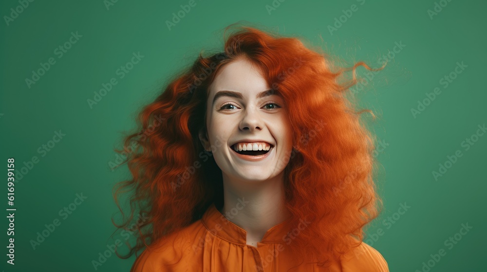Fototapeta premium Excited and joyful woman with orange and pink hair. Generative AI