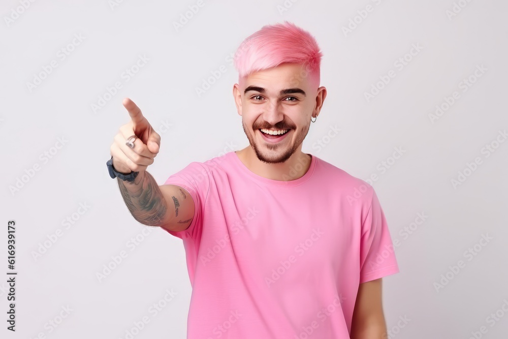 A young man with pink hair points his index finger towards a blank space, inviting or advertising a special promotion. Generative AI A young man with pink hair points his index finger towards a blank space, inviting or advertising a special promotion. Generative AI