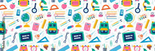 School supplies elements, vector seamless pattern, back to school on white background