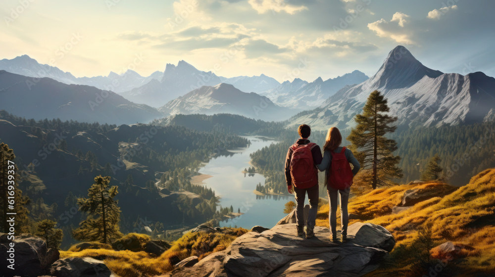 couple on top of a mountain looking at an alpine lake