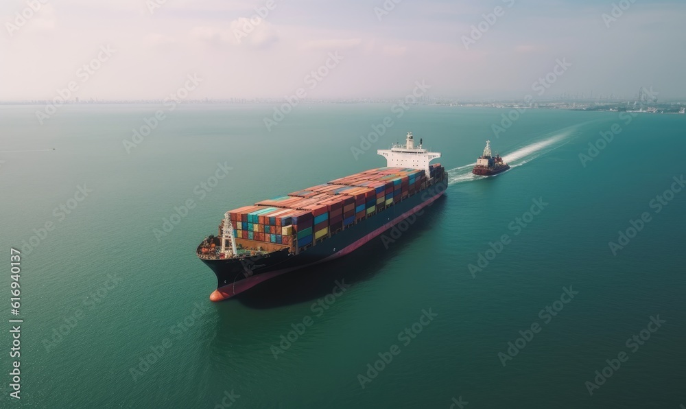 Drone capturing the vast size of a cargo ship on the ocean. Creating using generative AI tools