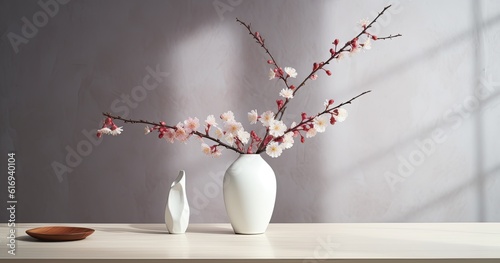 flowering pink cherry branch in vase on white background. Created with Generative AI technology