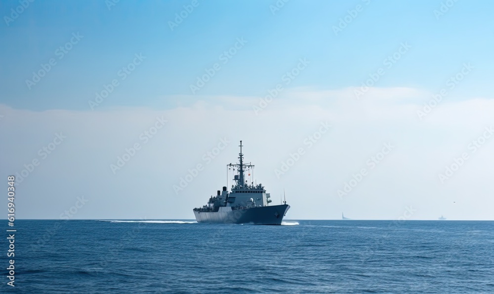 The military cruiser cut through the stillness of the calm sea Creating using generative AI tools