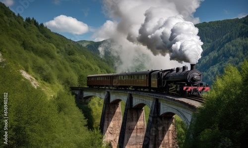 Classic steam locomotive glides along the bridge, mountainous scenery Creating using generative AI tools