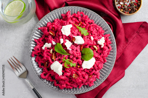 Pasta with Beet Sauce, Vegetarian Beetroot Pasta, Pink Pesto, Tasty Healthy Meal photo