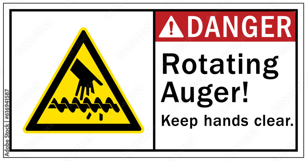 Rotating equipment hazard sign and labels rotating auger. Keep hands away Rotating equipment hazard sign and labels rotating auger. Keep hands away