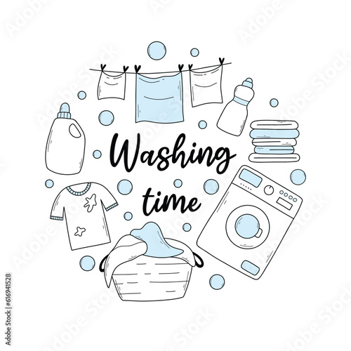 Set of laundry items in doodle style. Linear collection of laundry items. Vector illustration. Isolated elements on a white background.