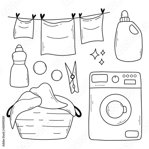 Set of laundry items in doodle style. Linear collection of laundry items. Vector illustration. Isolated elements on a white background.