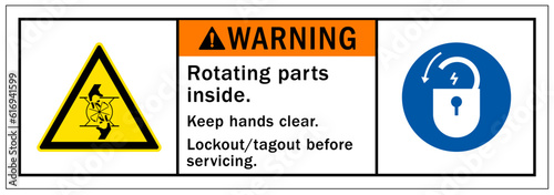 Rotating equipment hazard sign and labels rotating parts inside. Keep hands clear
