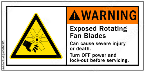 Rotating blade hazard sign and labels exposed rotating fan blades