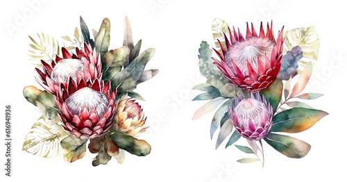 watercolor clipart with protea and tropical leaves, AI generated, modified in photoshop