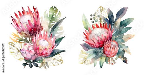 watercolor clipart with protea and tropical leaves, AI generated, modified in photoshop