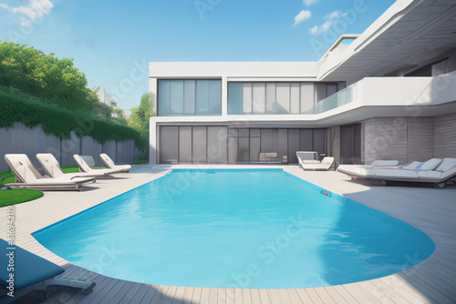 A white house with a swimming pool and lounge chairs, Created with generative AI © Chiose