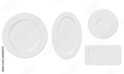 Hand drawn different shapes of dish plate. Top view. White isolated. Vector illustration.