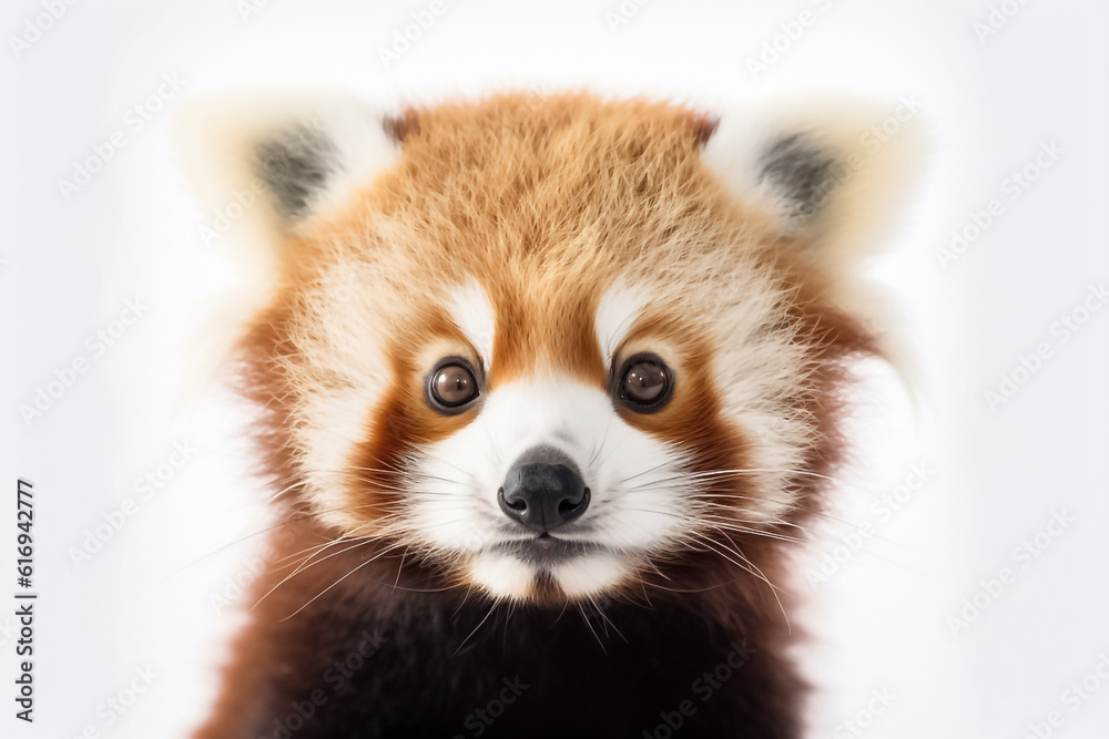 Obraz premium In a controlled studio environment, a baby red panda stands out on a pure white backdrop, bathed in gentle light. Generative AI.