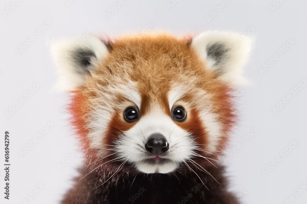 Obraz premium In a controlled studio environment, a baby red panda stands out on a pure white backdrop, bathed in gentle light. Generative AI.
