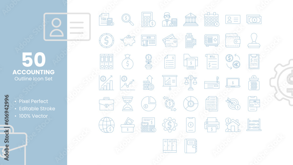 Set of 50 line icons related to Accounting. Pixel Perfect Icon. Outline icon collection. Editable stroke. Vector illustration.