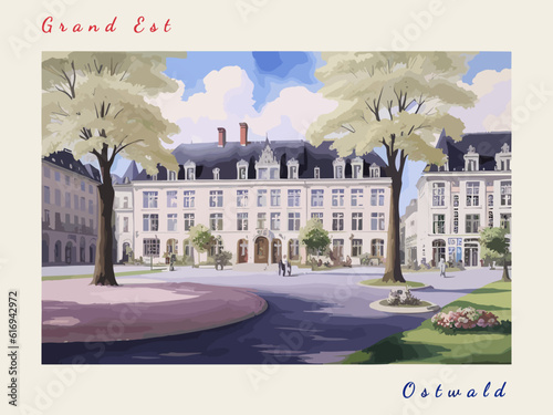 Ostwald: Retro tourism poster with a French landscape and the headline Ostwald / Grand Est