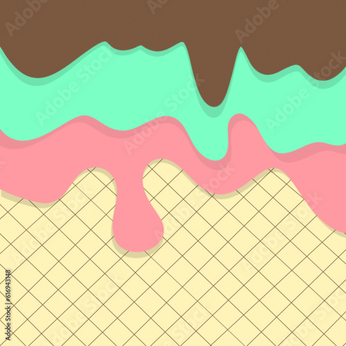 Double milk sweet ice cream texture pattern wallpaper and melted strawberry ice cream over waffle cone backgrounds collection. vector image