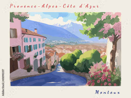 Monteux: Retro tourism poster with a French landscape and the headline Monteux / Provence-Alpes-Côte d’Azur