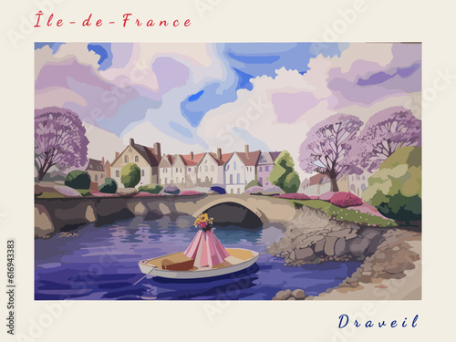 Draveil: Retro tourism poster with a French landscape and the headline Draveil / Île-de-France