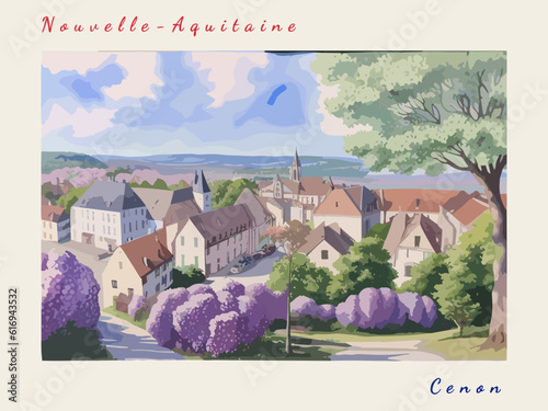 Cenon: Retro tourism poster with a French landscape and the headline Cenon / Nouvelle-Aquitaine