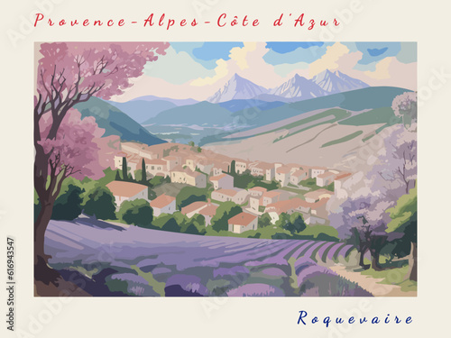 Roquevaire: Retro tourism poster with a French landscape and the headline Roquevaire / Provence-Alpes-Côte d’Azur
