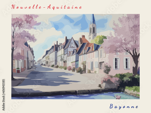 Bayonne: Retro tourism poster with a French landscape and the headline Bayonne / Nouvelle-Aquitaine