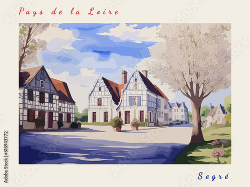Segré: Retro tourism poster with a French landscape and the headline Segré / Pays de la Loire