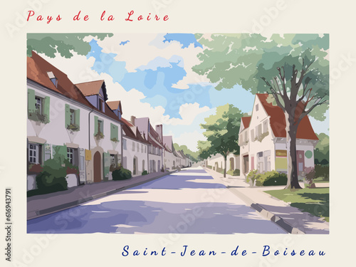Saint-Jean-de-Boiseau: Retro tourism poster with a French landscape and the headline Saint-Jean-de-Boiseau / Pays de la Loire