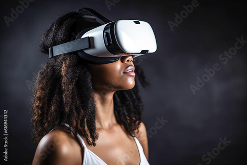 Ai generative. Happy young  woman, VR headset, photo style, minimalist, © Olena Rudo