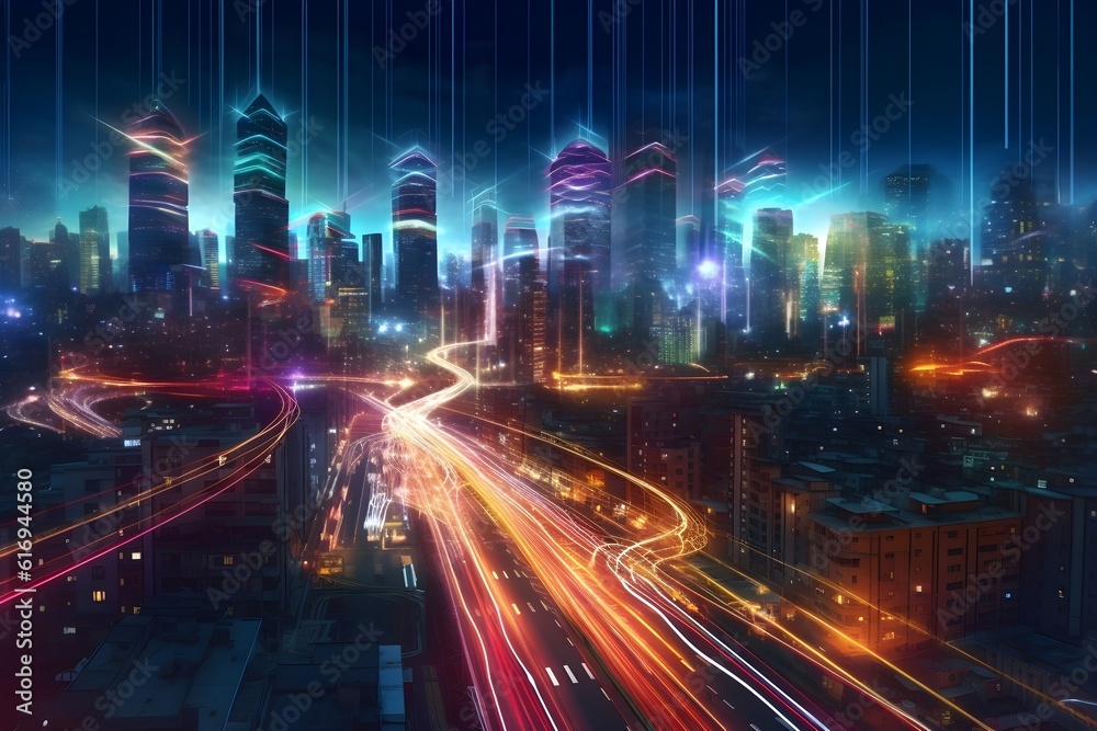 A conceptual image presenting a futuristic cityscape illuminated by radiant fiber optic lights, evoking a sense of advancement and digital evolution.