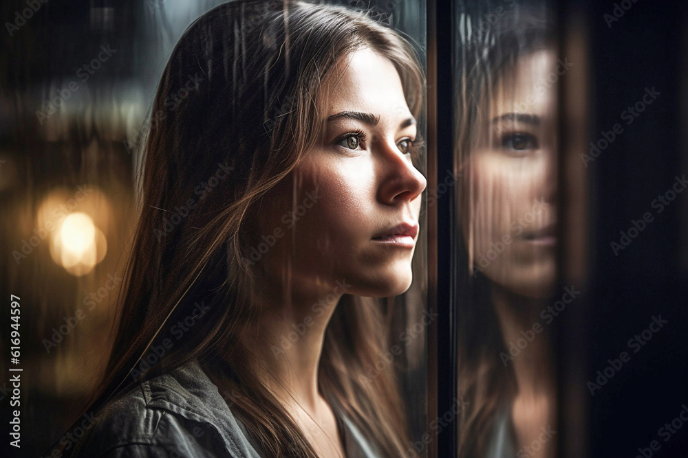 Ai generative. Beautiful young girl near the window. Ai generative. Beautiful young girl near the window.
