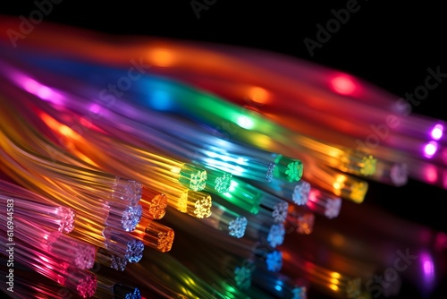 A close-up image of fiber optic cables emitting a bright and colorful glow against a dark background, symbolizing high-speed internet and advanced technology.
