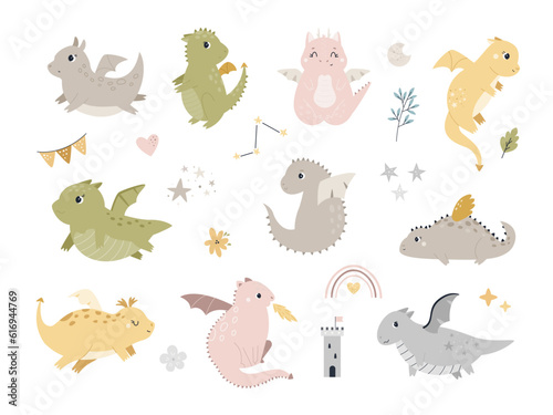 Colorful set with cute, funny dragons and graphic elements