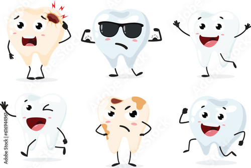 Cute tooth cartoon character set isolated on white background