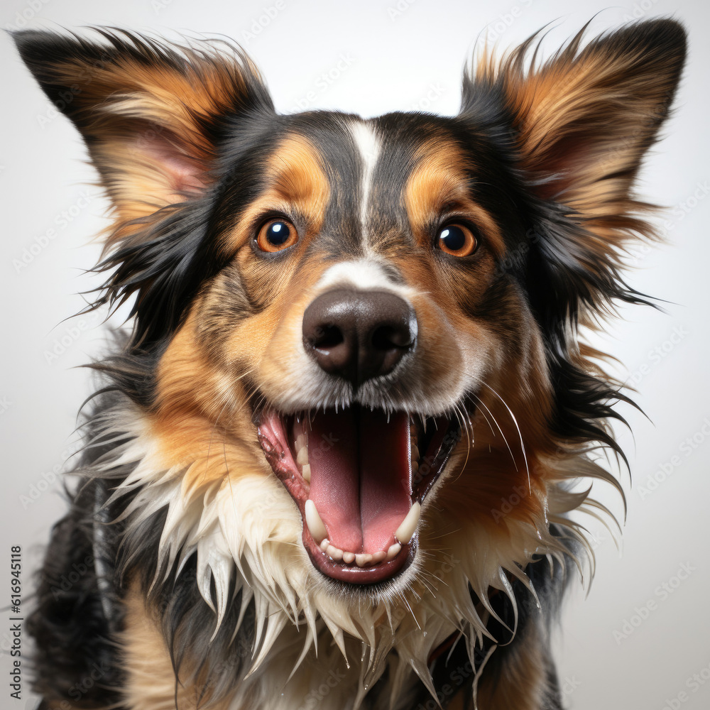 A Border Collie puppy (Canis lupus familiaris) jumping in mid-air with a tricolor coat, full of energy and enthusiasm.