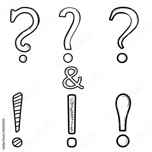 handdrawn question and exclamation marks isolated on white.