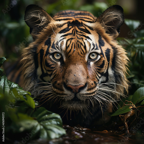 A powerful tiger (Panthera tigris) amidst the lush jungle. Taken with a professional camera and lens. © blueringmedia