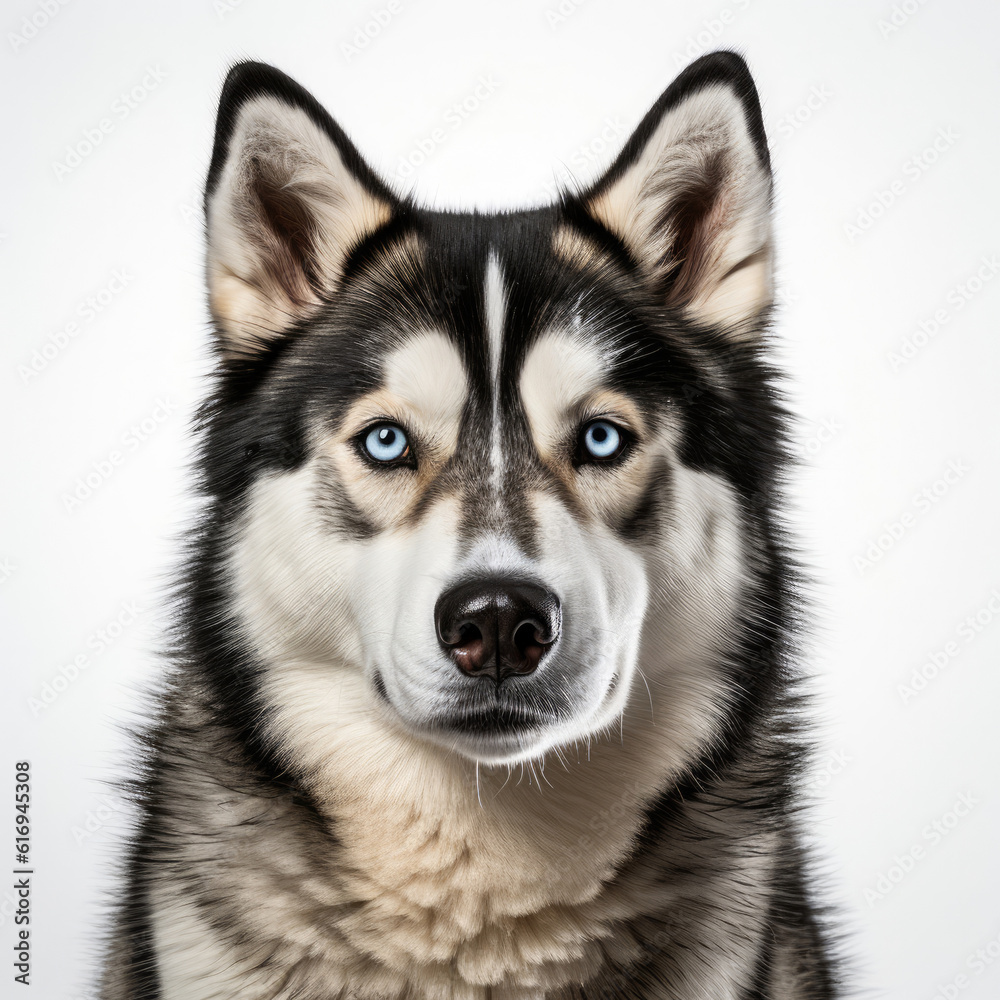 A Siberian Husky (Canis lupus familiaris) with dichromatic eyes sitting confidently.