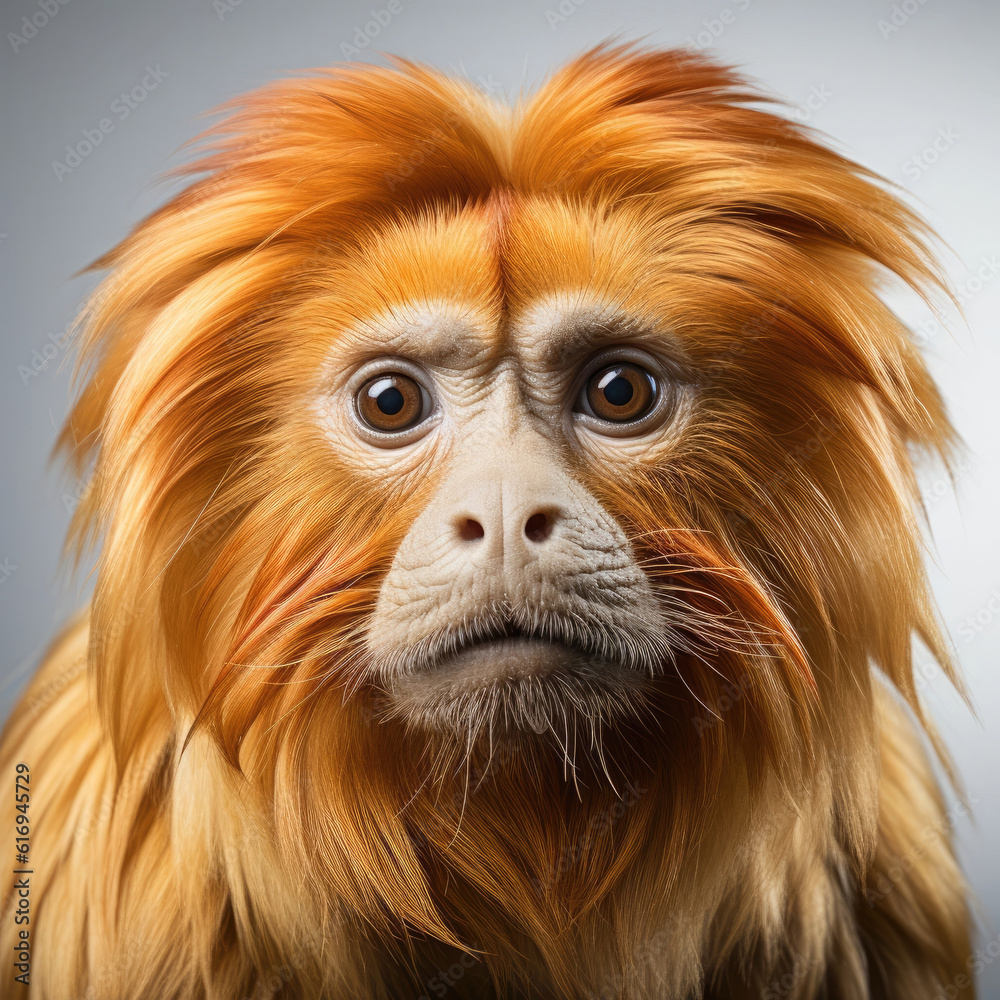 A stunning closeup shot of a golden lion tamarin (Leontopithecus rosalia) highlighting its vibrant golden fur and captivating eyes. A stunning closeup shot of a golden lion tamarin (Leontopithecus rosalia) highlighting its vibrant golden fur and captivating eyes.