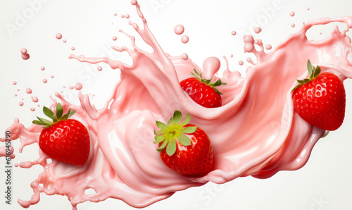 Strawberries isolated on white background with milk or yogurt splash, 3D depiction