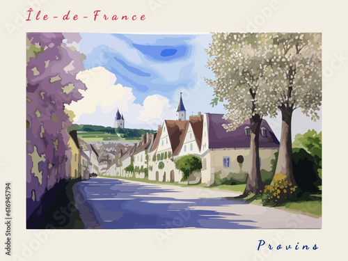 Provins: Postcard design with a scene in France and the city name Provins