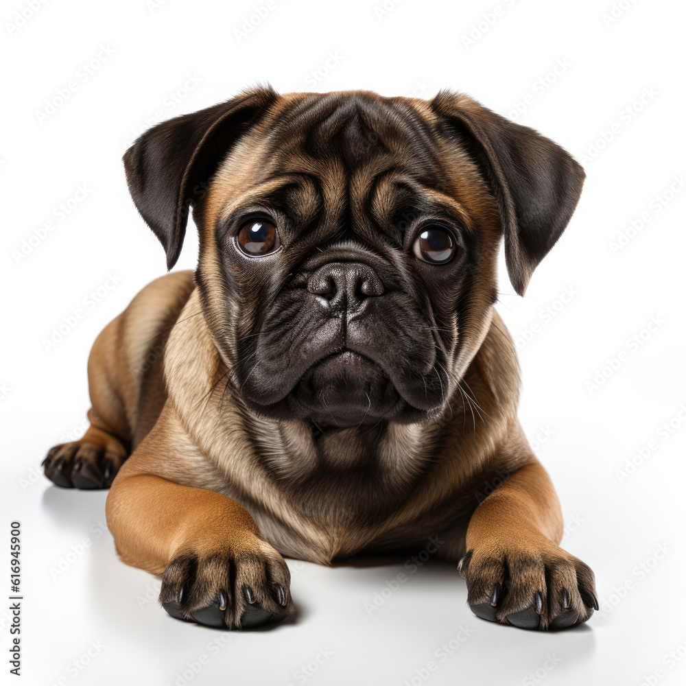A relaxed Pug puppy (Canis lupus familiaris) lounging in a comfortable position.