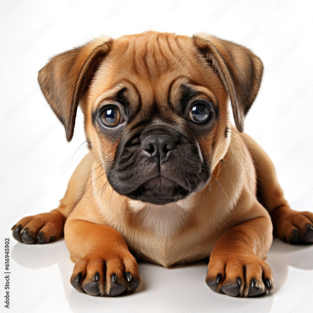 A relaxed Pug puppy (Canis lupus familiaris) lounging in a comfortable position.