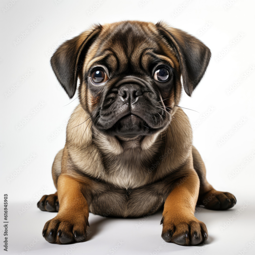 A relaxed Pug puppy (Canis lupus familiaris) lounging in a comfortable position. A relaxed Pug puppy (Canis lupus familiaris) lounging in a comfortable position.