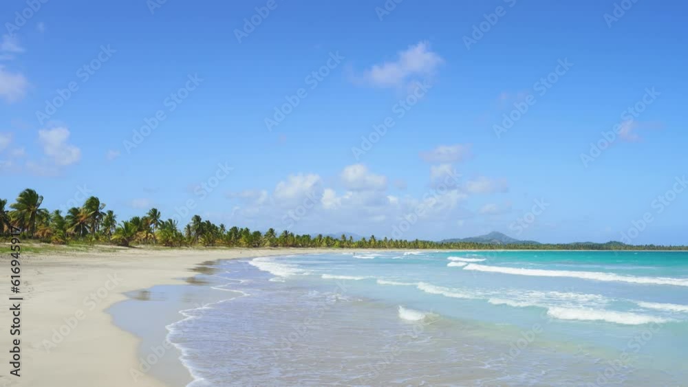 Landscape of a tropical island with emerald green water on white sand and beautiful tropical beaches. Palm trees on a sandy coast against an abstract blue sky. Journey to a tropical paradise.
